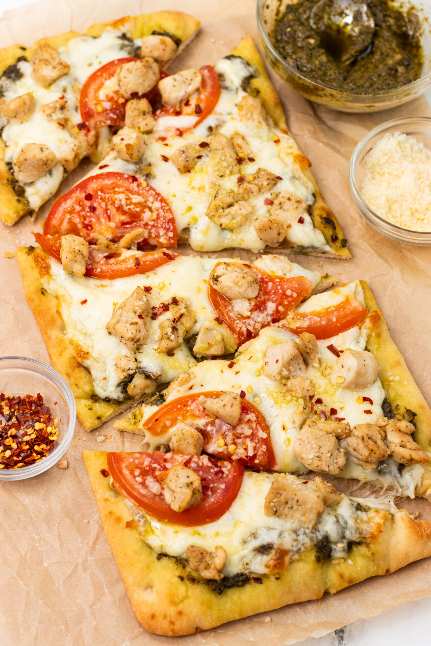 Chicken Pesto Flatbread Pizza sliced