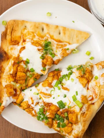 Buffalo Chicken Flatbread Pizza finished meal with a side of blue cheese