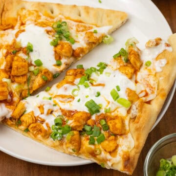 Buffalo Chicken Flatbread Pizza Close Up of Finished Dish