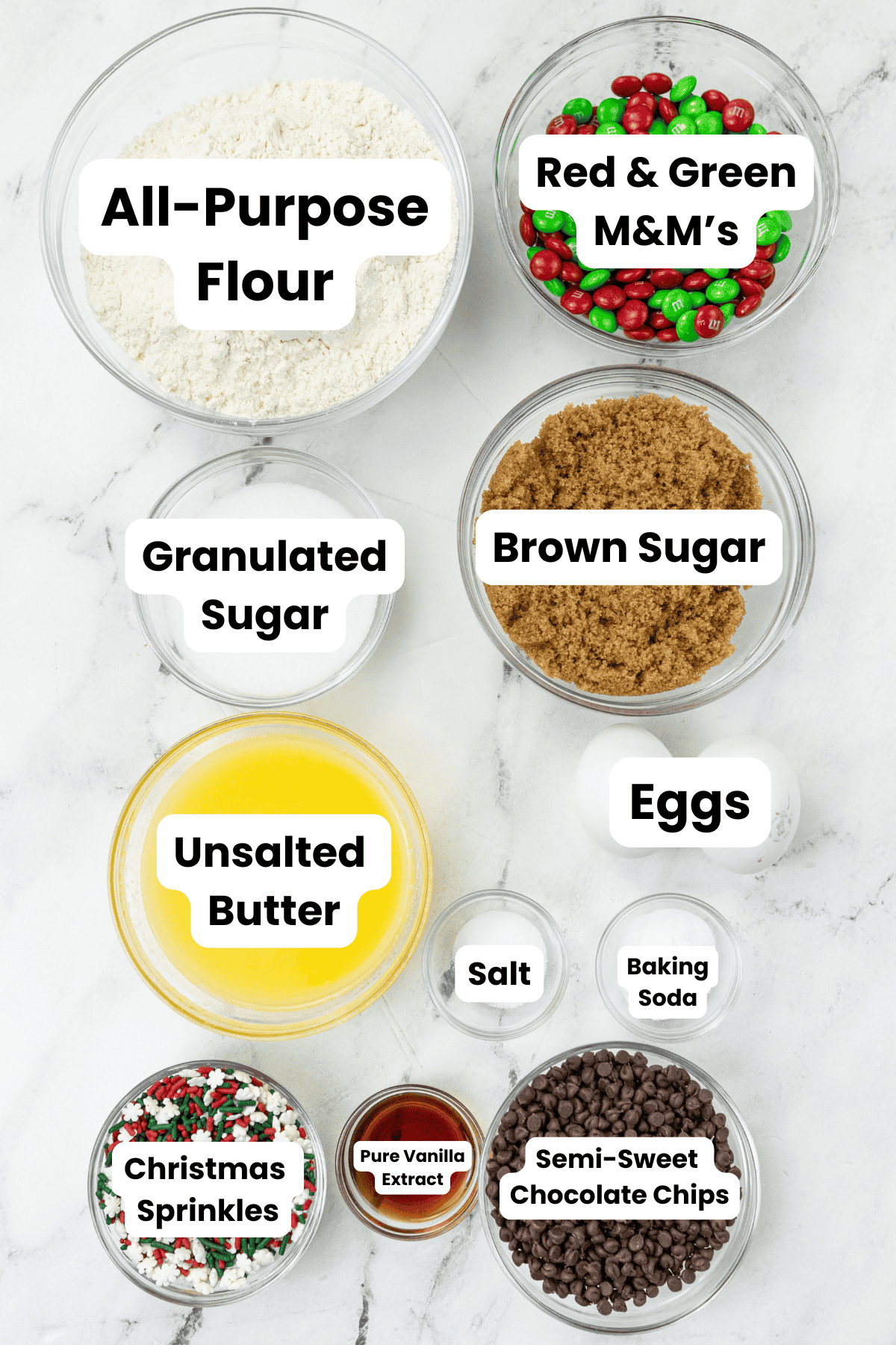 Christmas M&M Cookie Bars Ingredients Labeled