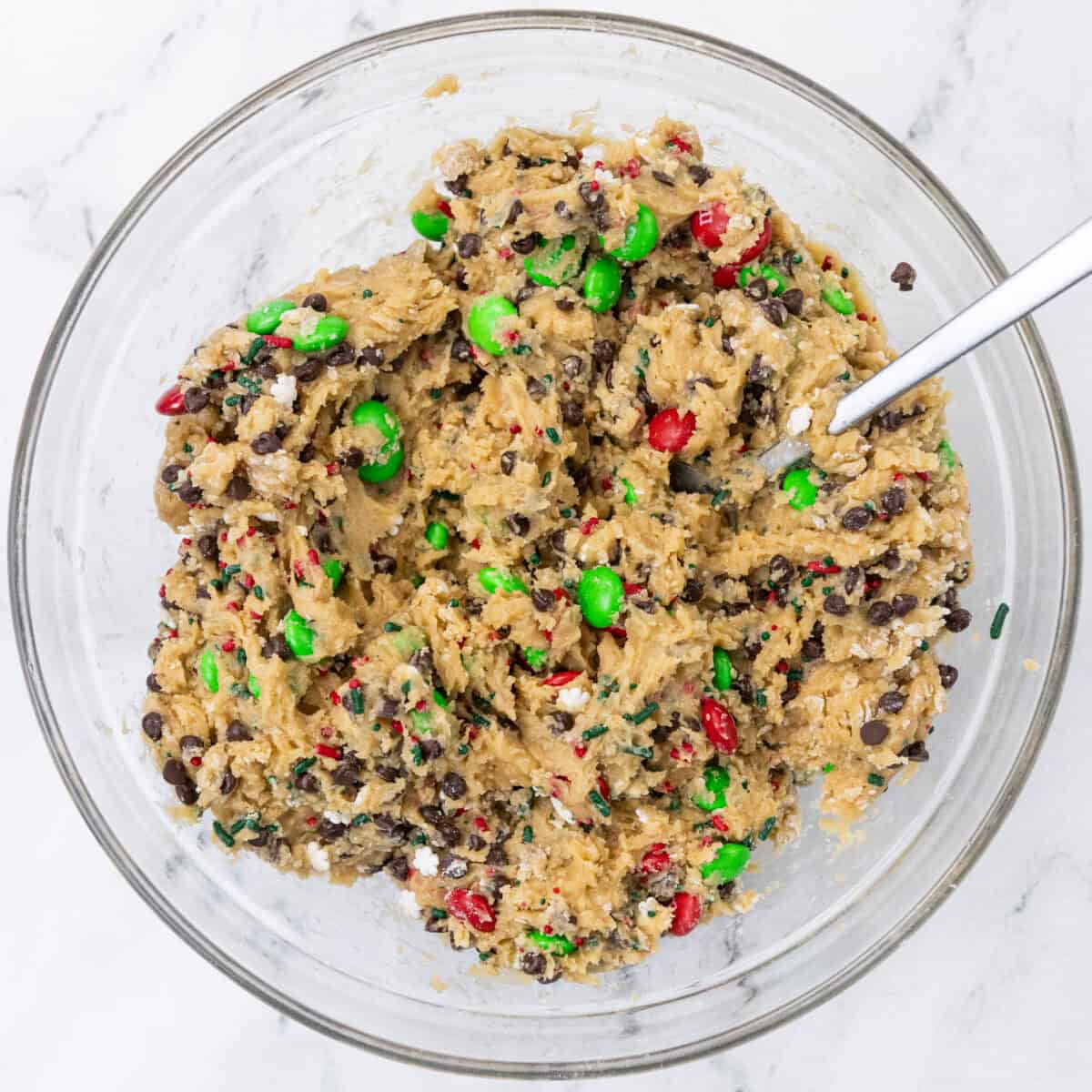 Christmas M&M Cookie Bars Mixed Ingredients