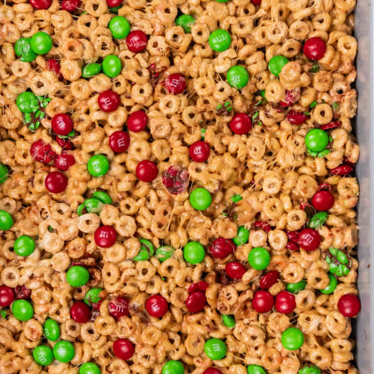 Christmas M&M Cheerio Treats done dish