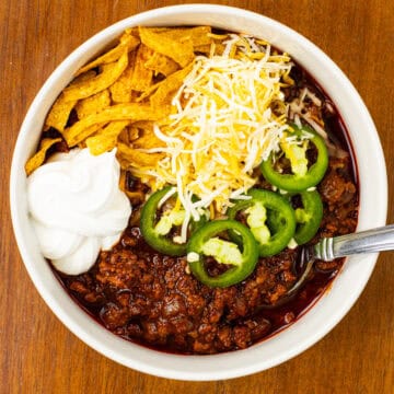 chili con carne with toppings in a bowl