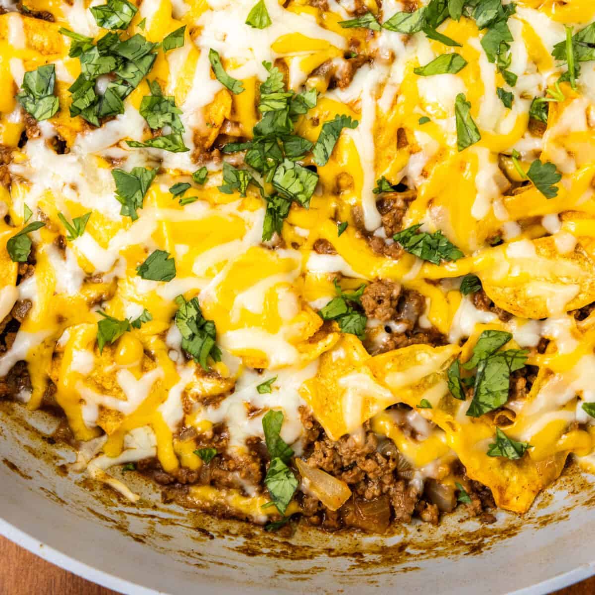 close up of finished 30 Minute One Pan Beef Enchilada Skillet in a pan