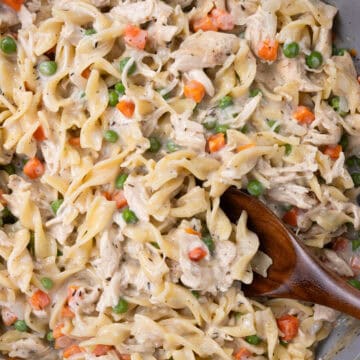 close up of wooden spoon in pan of chicken noodle pasta