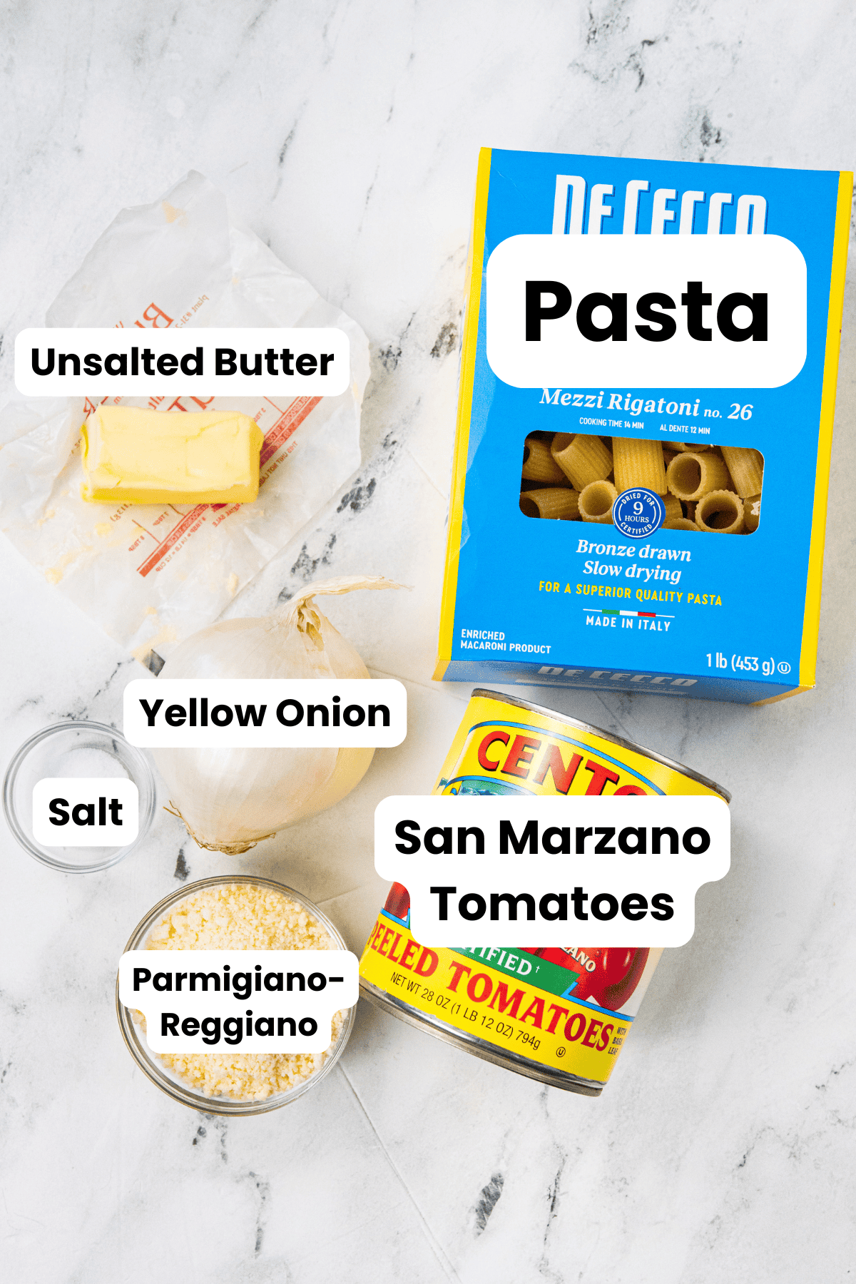 Ingredients for Pasta with Canned San Marzano Tomatoes with labels