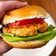 close up of Buffalo Ground Chicken Burger with Whipped Goat Cheese
