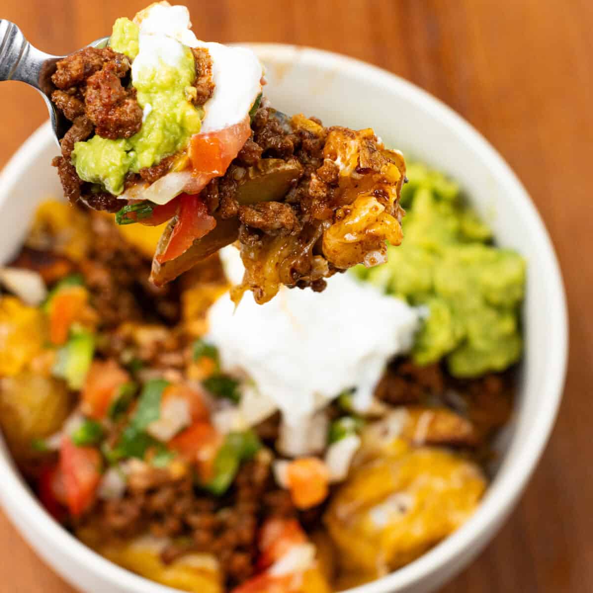 forkful of Fiesta Potato Taco Bowl