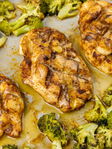 Baked Honey Mustard Chicken and Broccoli on a sheet pan